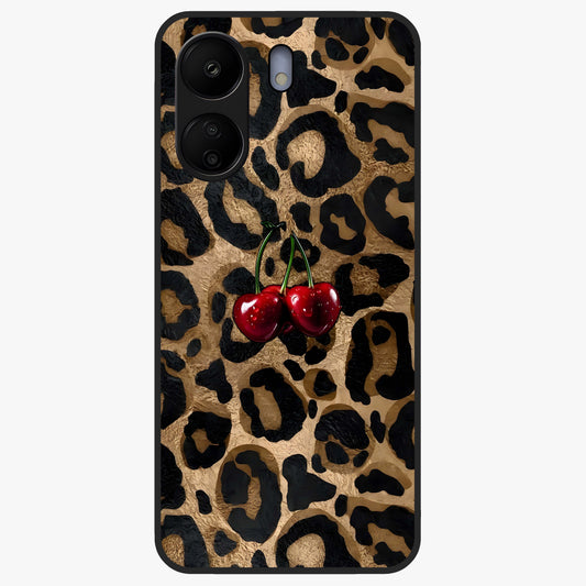 Leopard Wild Cherry Glass Case showing flat back view with leopard pattern and cherry artwork and glossy glass finish.