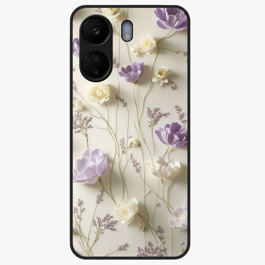 Lilac Breeze Harmony Glass Case showing flat back view with soft lilac themed artwork and glossy glass finish.