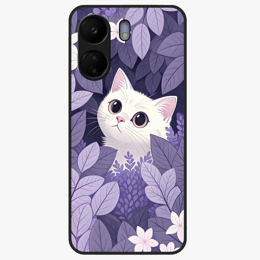 Lilac Hide Peek Cat Glass Case showing flat back view with cute peeking cat artwork and glossy glass finish.