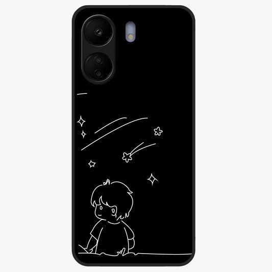 Line Art Boy With Shooting Stars Glass Case showing flat back view with minimal line art boy and shooting stars illustration and glossy glass finish.