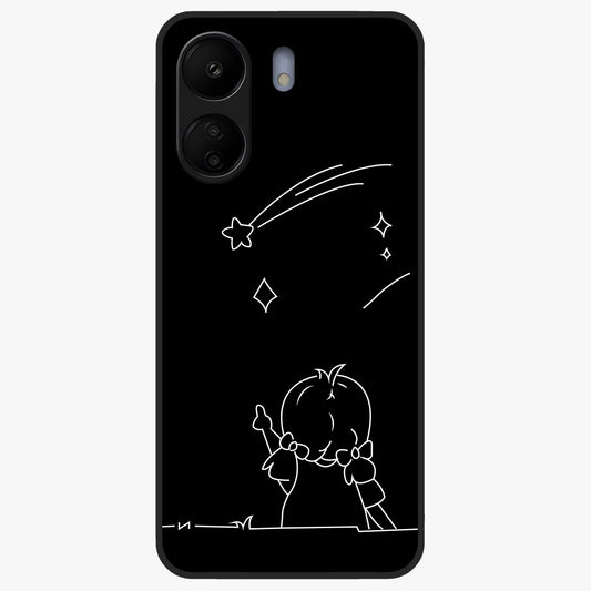Line Art Girl With Shooting Stars Glass Case showing flat back view with minimal line art girl and shooting stars illustration and glossy glass finish.
