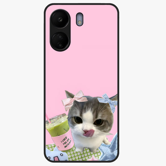 Love Matcha Cat Glass Case showing flat back view with cute cat and matcha themed artwork and glossy glass finish.