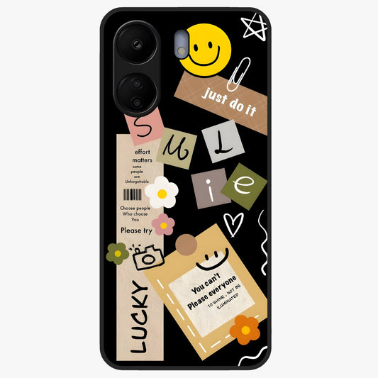 Lucky Aesthetic Collage Glass Case showing flat back view with trendy aesthetic collage artwork and glossy glass finish.