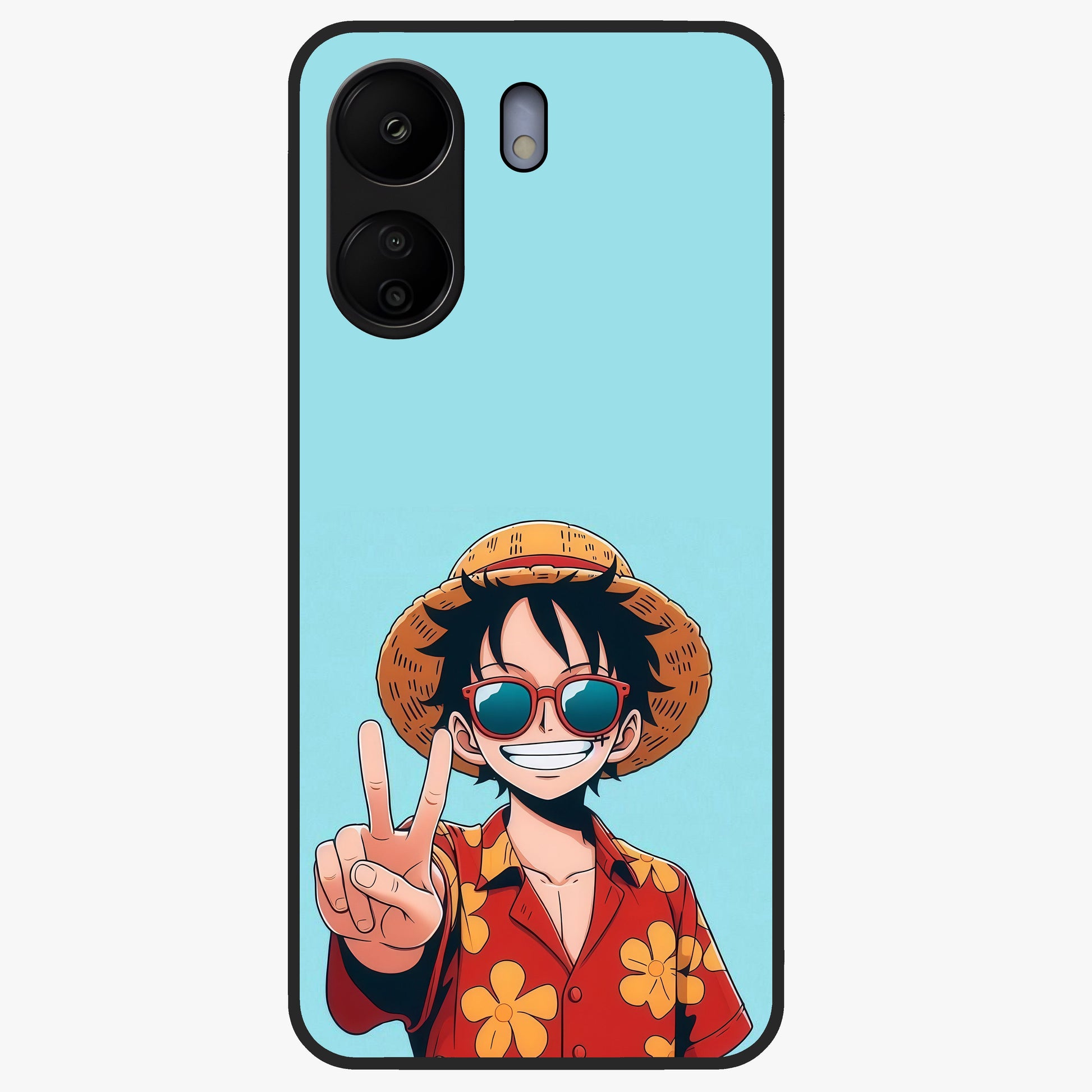 Luffy Summer Anime Vibe Glass Case showing flat back view with vibrant anime character artwork and glossy glass finish.