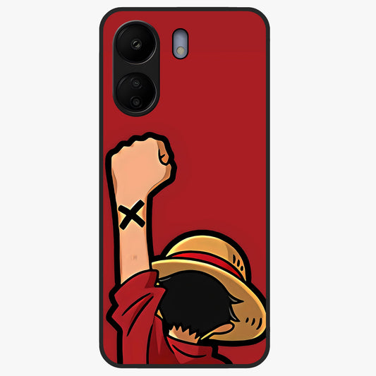 Luffy X Spirit Glass Case showing flat back view with bold anime character artwork and glossy glass finish.