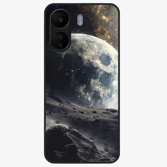 Lunar Horizon Glow Glass Case showing flat back view with glowing moon horizon artwork and glossy glass finish.