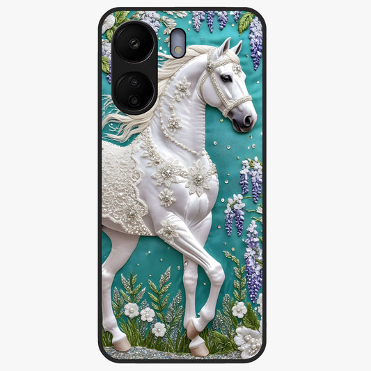 Majestic Floral Stallion Glass Case showing flat back view with powerful horse and floral artwork and glossy glass finish.