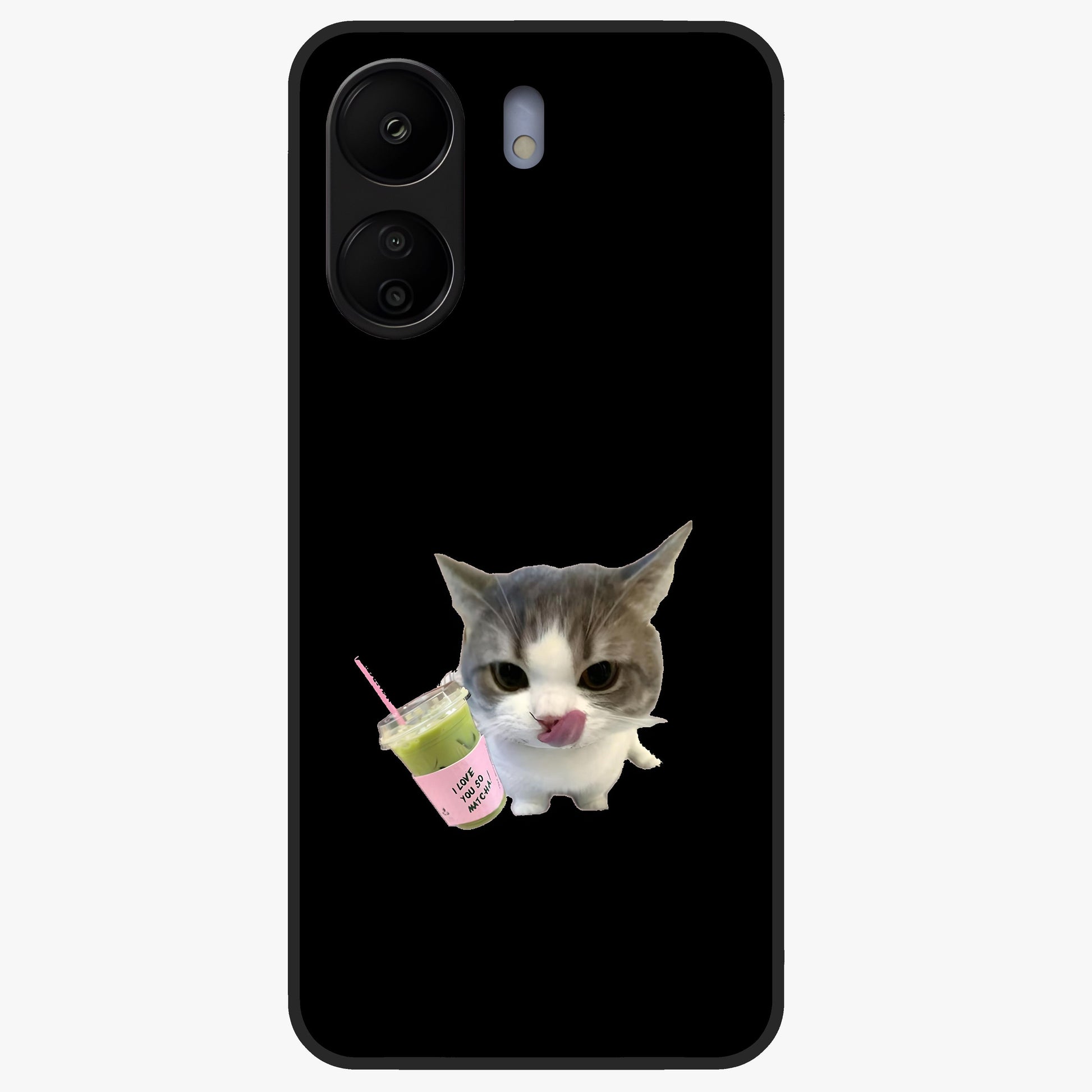 Matcha Cat Style Glass Case showing flat back view with cute matcha themed cat artwork and glossy glass finish.