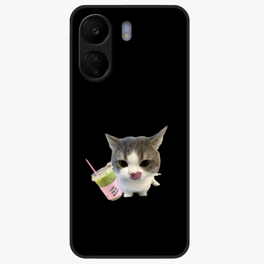Matcha Cat Style Glass Case showing flat back view with cute matcha themed cat artwork and glossy glass finish.