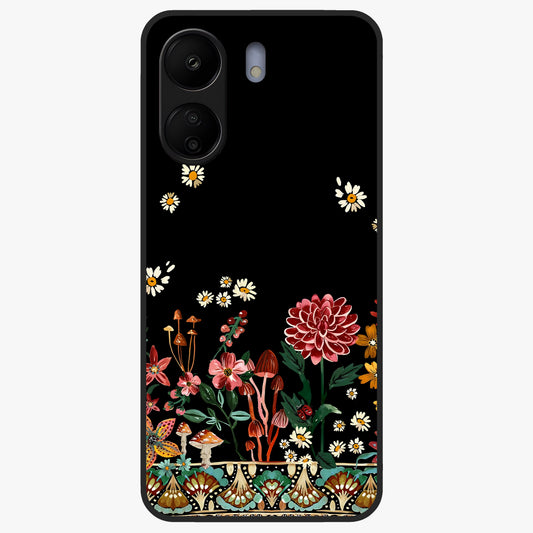 Midnight Bloom Pattern Glass Case showing flat back view with dark floral pattern artwork and glossy glass finish.