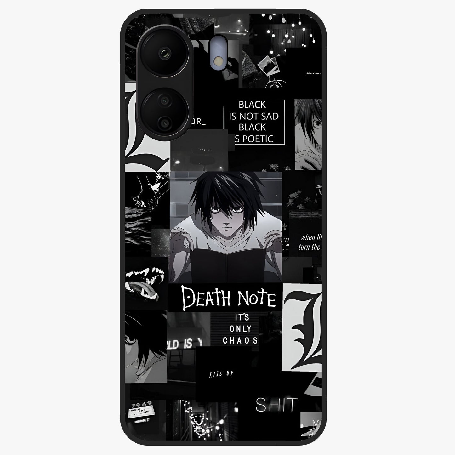 Midnight Chaos Mind Glass Case showing flat back view with abstract dark themed artwork and glossy glass finish.