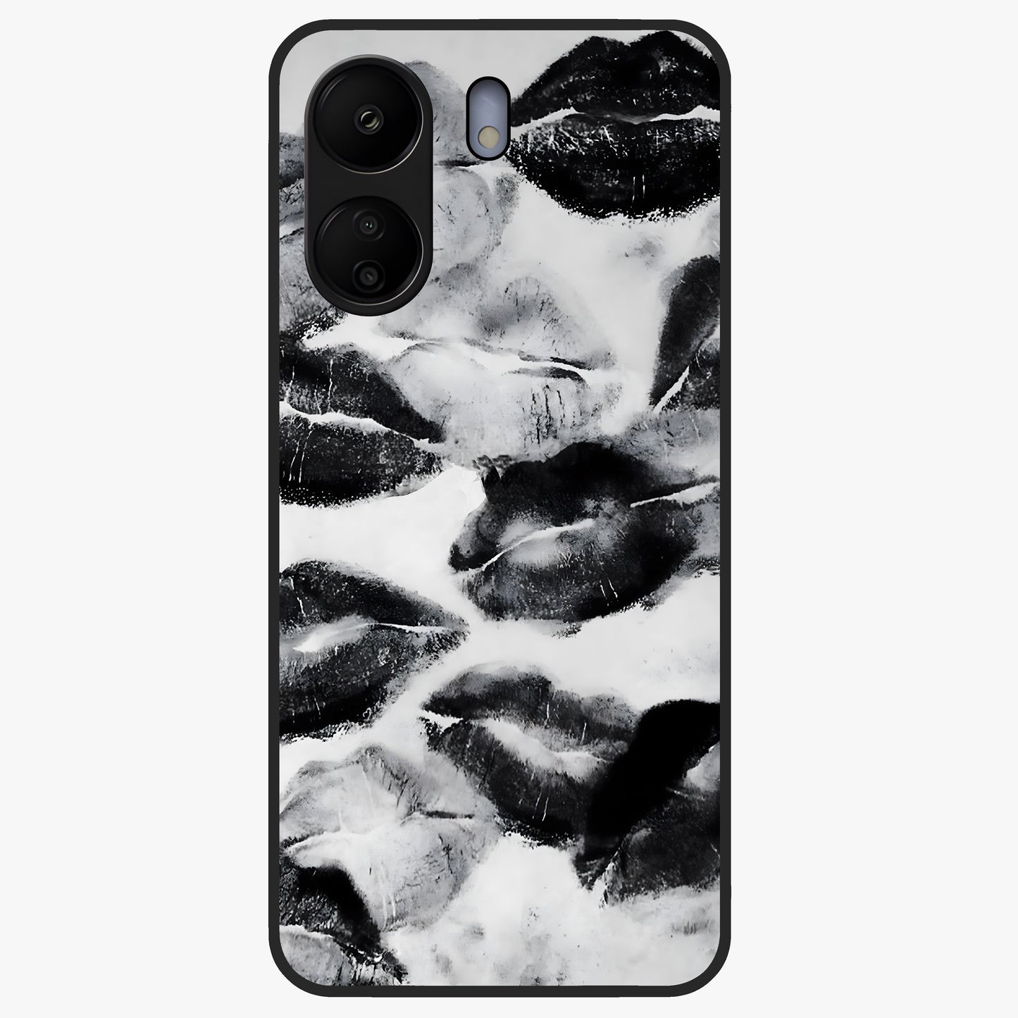 Midnight Kiss Marks Glass Case showing flat back view with lipstick kiss mark artwork and glossy glass finish.
