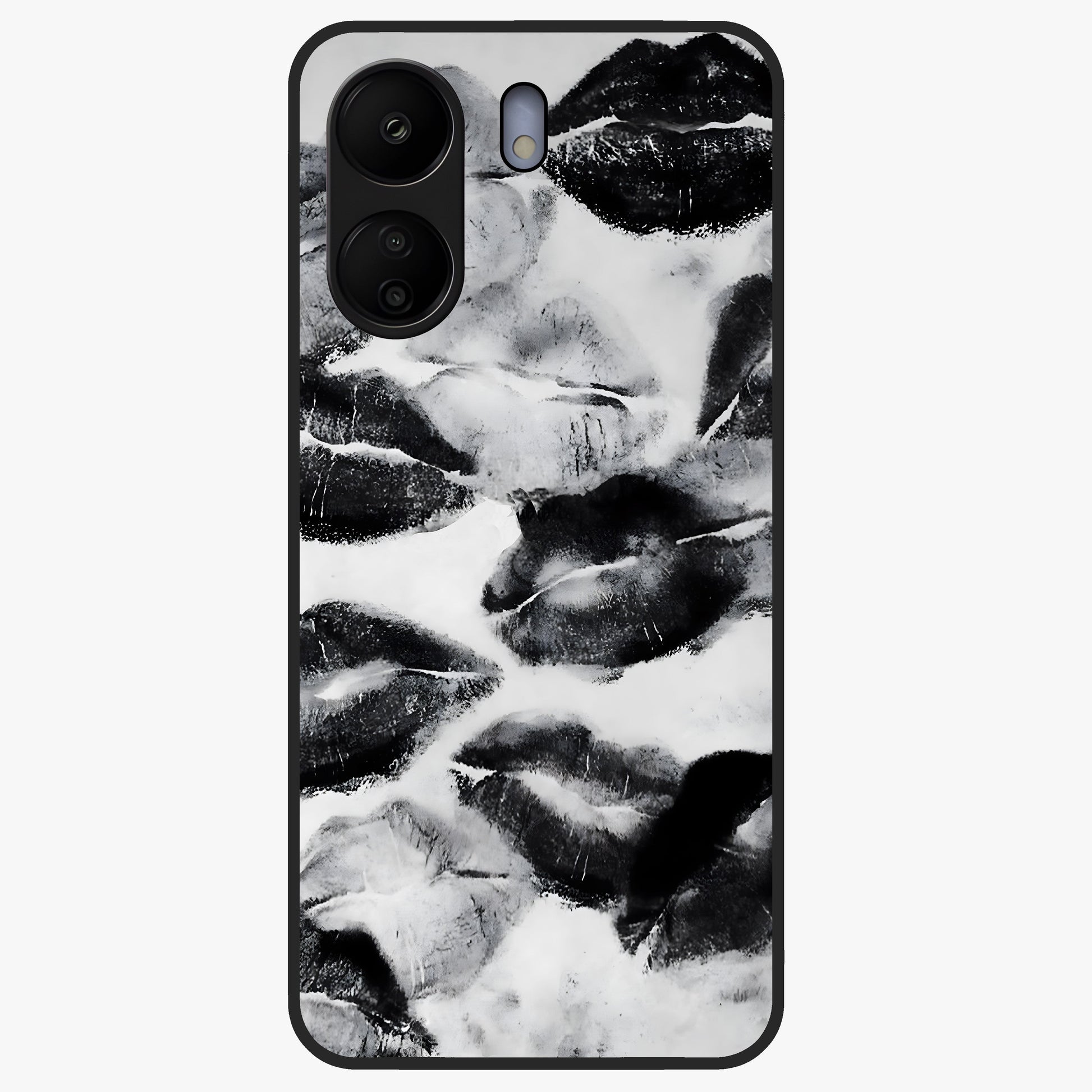 Midnight Kiss Marks Glass Case showing flat back view with lipstick kiss mark artwork and glossy glass finish.