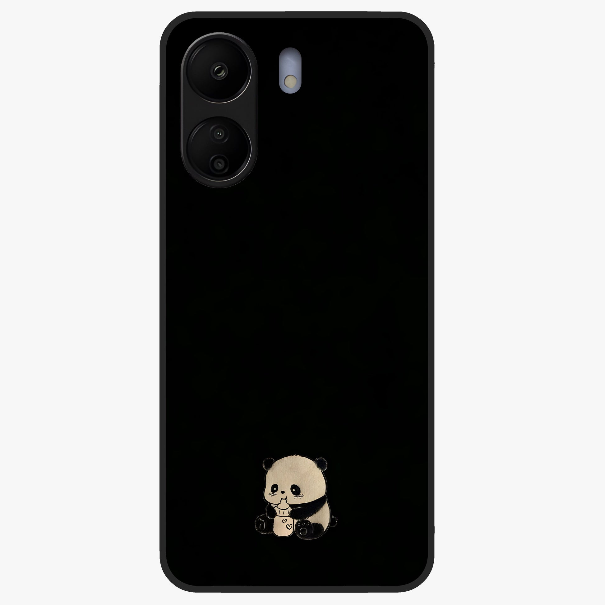 Midnight Panda Love Glass Case showing flat back view with cute panda themed artwork and glossy glass finish.