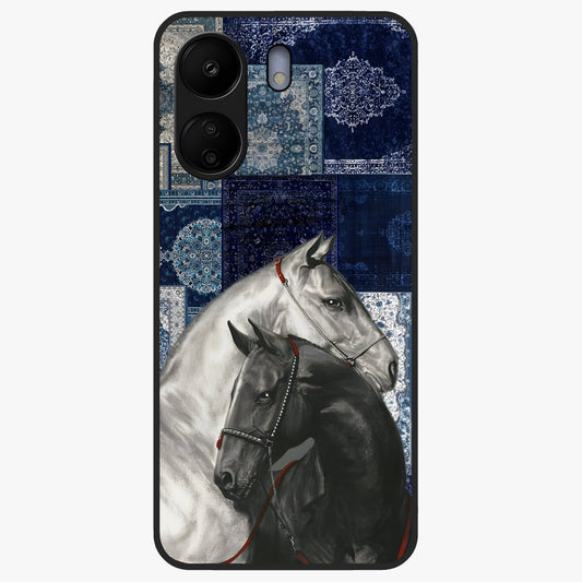 Midnight Stallion Blues Glass Case showing flat back view with majestic horse artwork and glossy glass finish.
