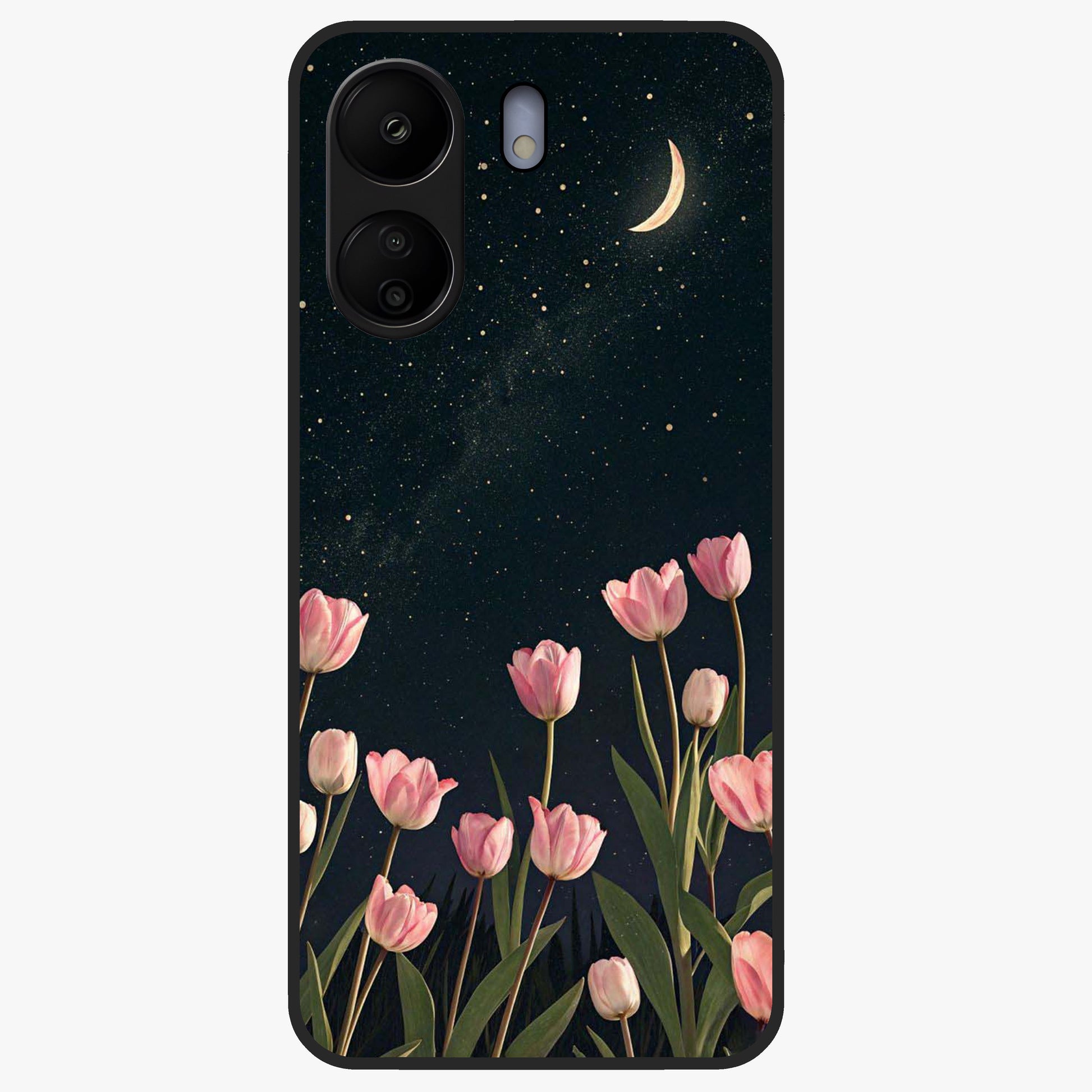 Midnight Tulip Whispers Vibe Glass Case showing flat back view with elegant tulip flower artwork and glossy glass finish.