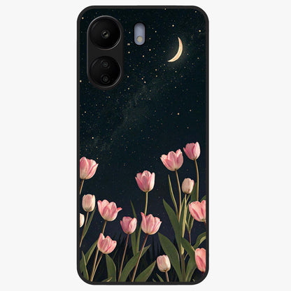 Midnight Tulip Whispers Vibe Glass Case showing flat back view with elegant tulip flower artwork and glossy glass finish.