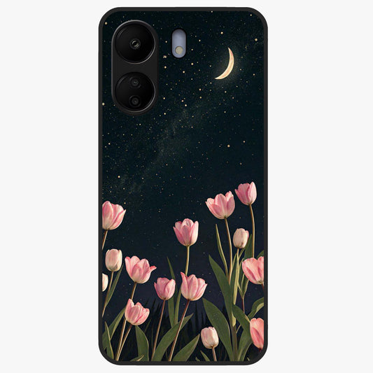 Midnight Tulip Whispers Vibe Glass Case showing flat back view with elegant tulip flower artwork and glossy glass finish.