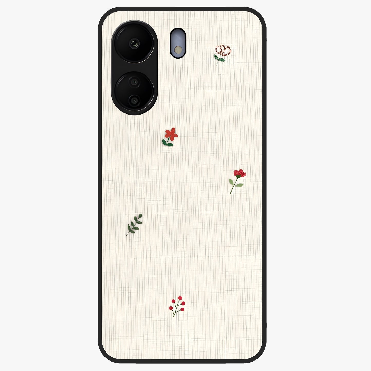 Minimal Petal Whispers Glass Case showing flat back view with soft minimal floral artwork and glossy glass finish.