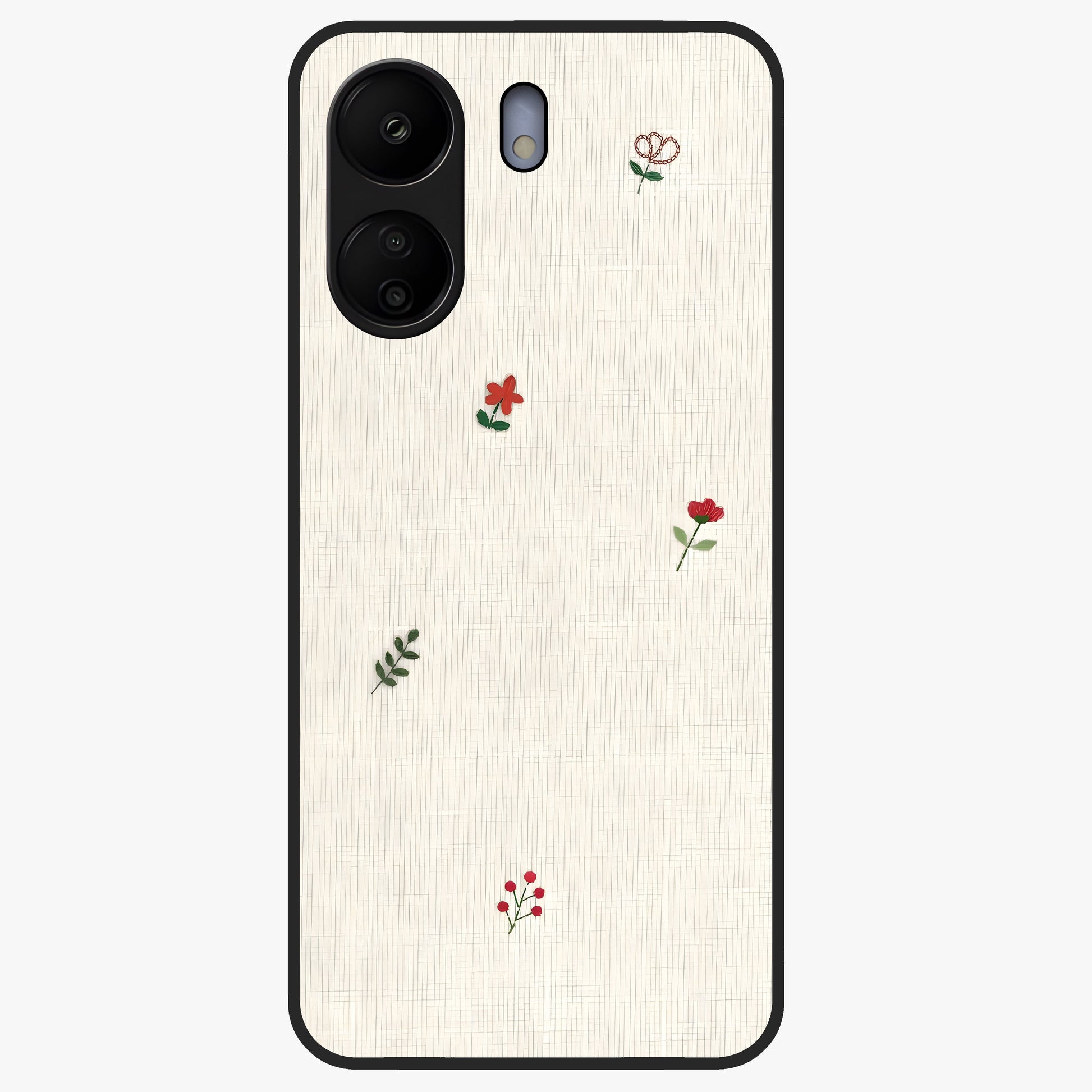 Minimal Petal Whispers Glass Case showing flat back view with soft minimal floral artwork and glossy glass finish.