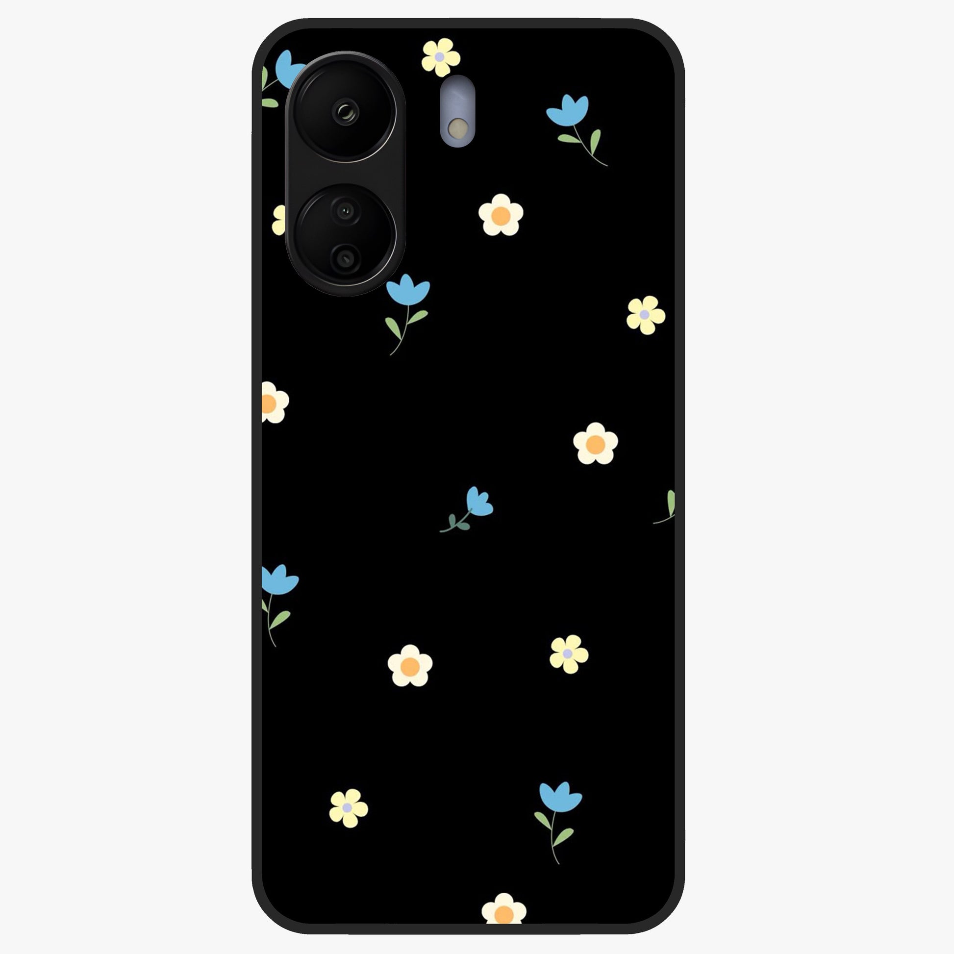 Minimalistic Blue With White Flower Pattern Glass Case showing flat back view with blue background and white flower pattern and glossy glass finish.