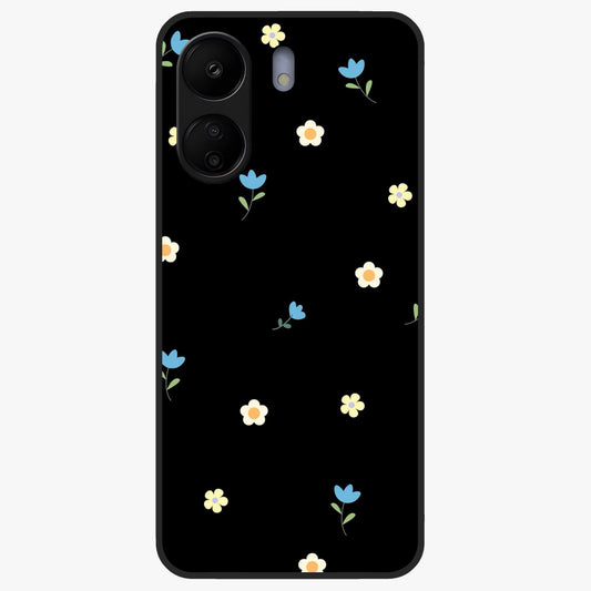 Minimalistic Blue With White Flower Pattern Glass Case showing flat back view with blue background and white flower pattern and glossy glass finish.