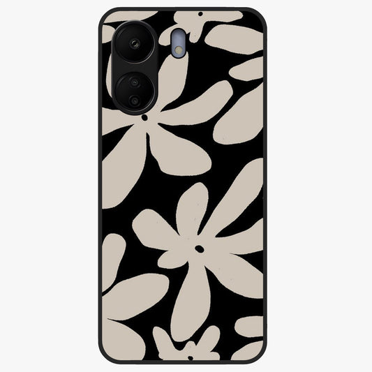 Monochrome Petal Dance Glass Case showing flat back view with monochrome floral artwork and glossy glass finish.