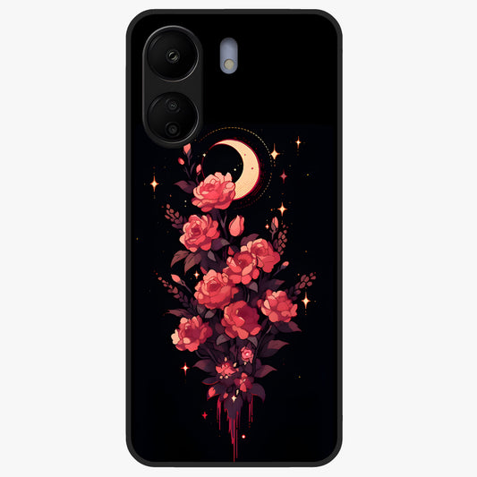 Moonlit Floral Elegance Glass Case showing flat back view with elegant floral artwork under moonlit tones and glossy glass finish.