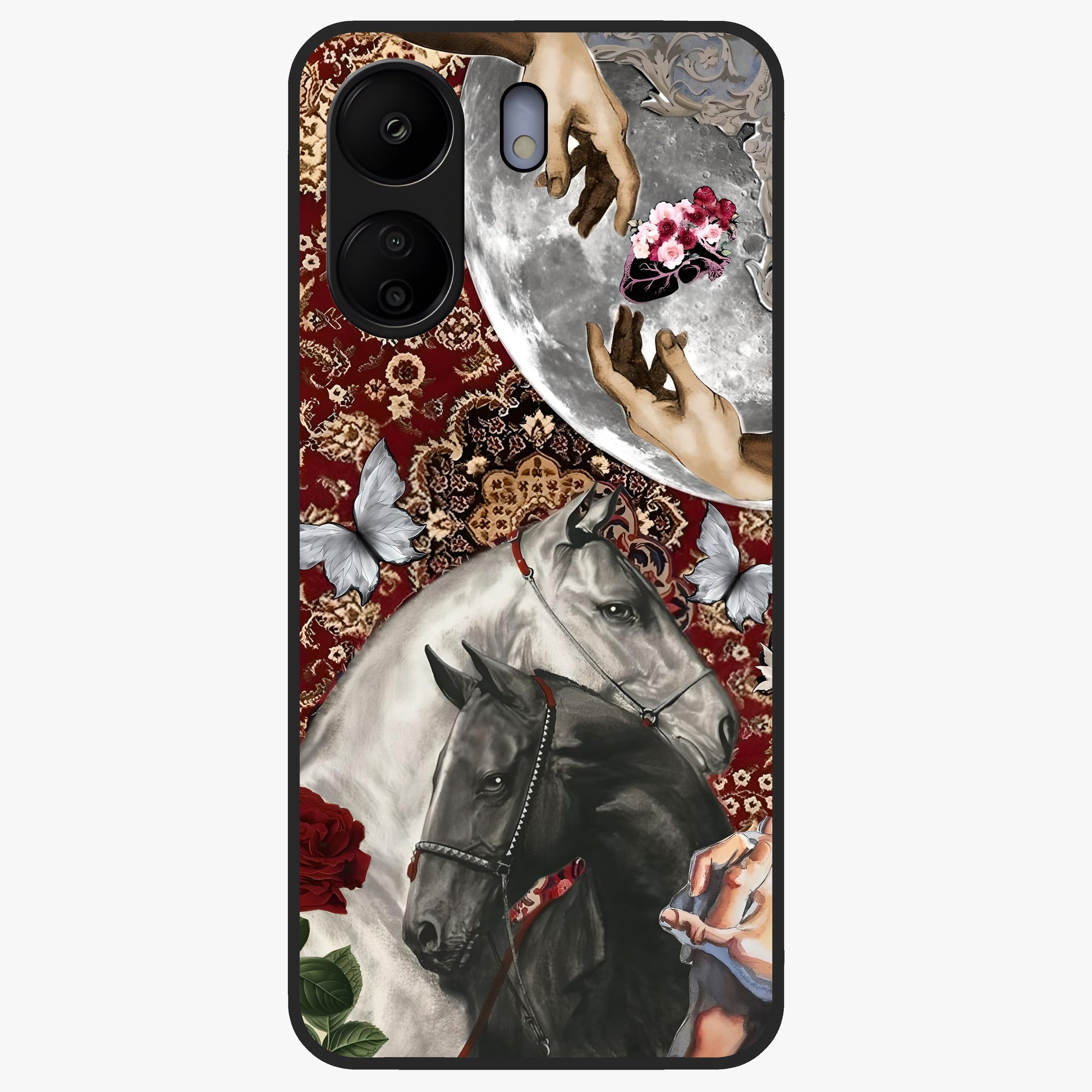 Moonlit Royal Stallion Glass Case showing flat back view with majestic horse under moonlight artwork and glossy glass finish.