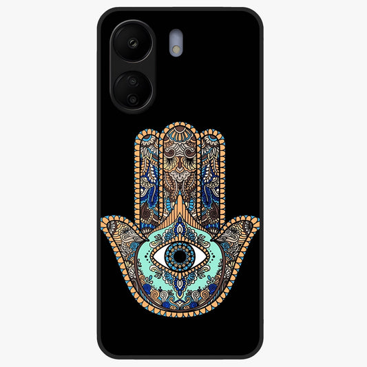 Mystic Hamsa Eye Glass Case showing flat back view with protective hamsa hand and evil eye artwork and glossy glass finish.