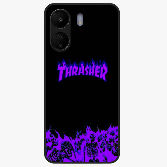 Neon Flame Riot Glass Case showing flat back view with neon flame artwork and glossy glass finish.