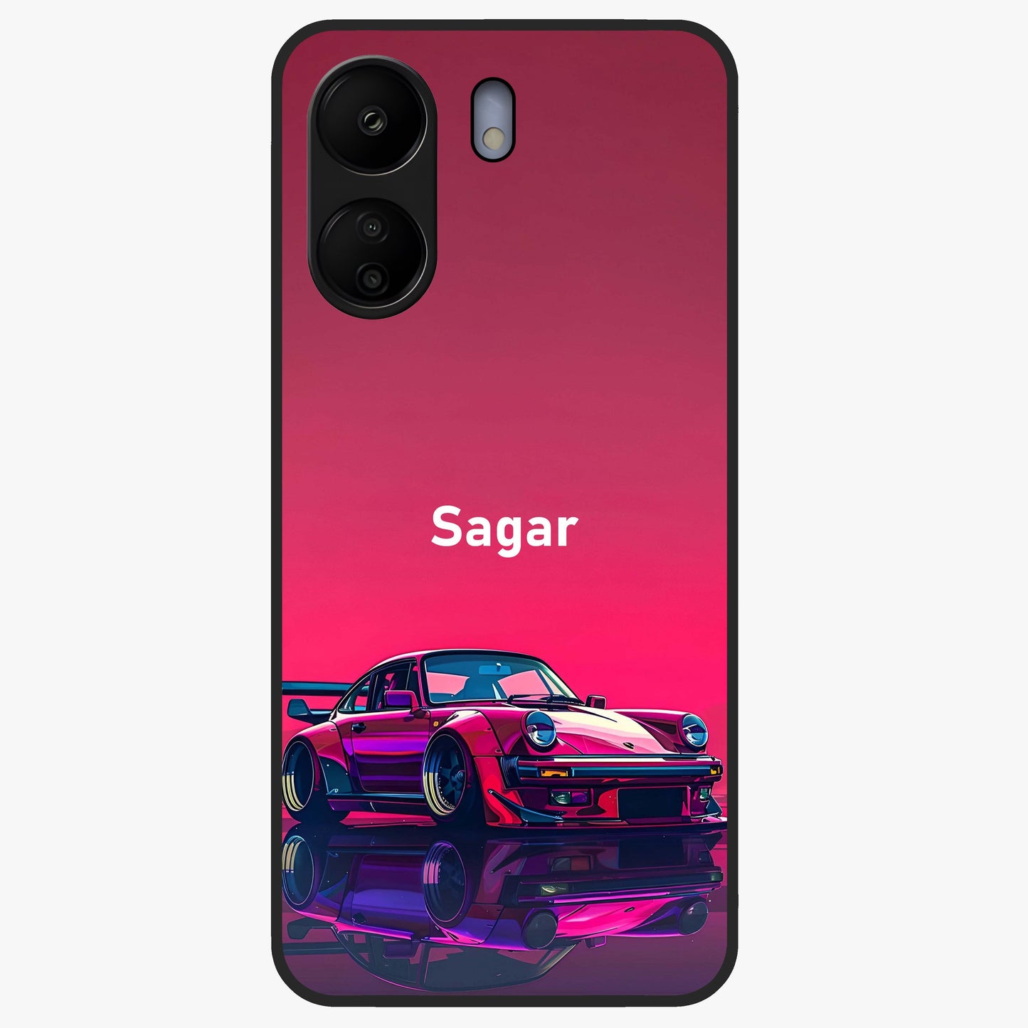 Neon Pink Porsche Glass Case showing flat back view with stylish sports car artwork and glossy glass finish.