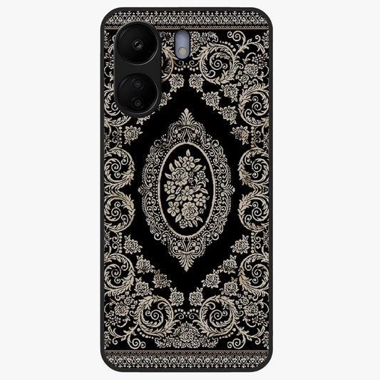 Noir Bloom Elegance Glass Case showing flat back view with elegant dark floral artwork and glossy glass finish.