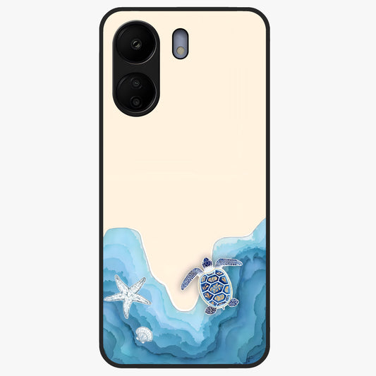 Ocean Drift Turtle Glass Case showing flat back view with sea turtle artwork and glossy glass finish.
