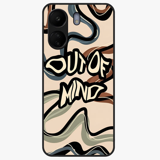Out Of Mind Glass Case showing flat back view with expressive typography artwork and glossy glass finish.
