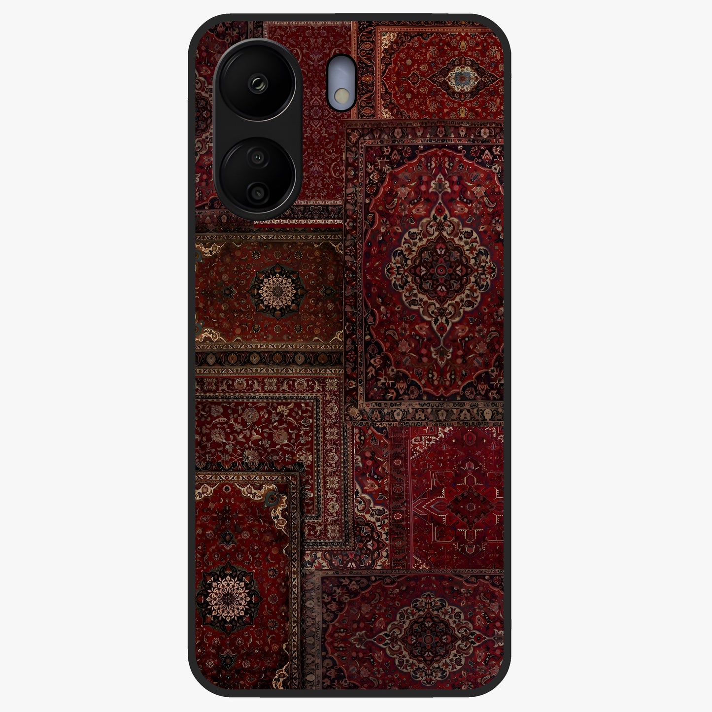 Persian Velvet Tale Glass Case showing flat back view with luxurious Persian velvet pattern artwork and glossy glass finish.