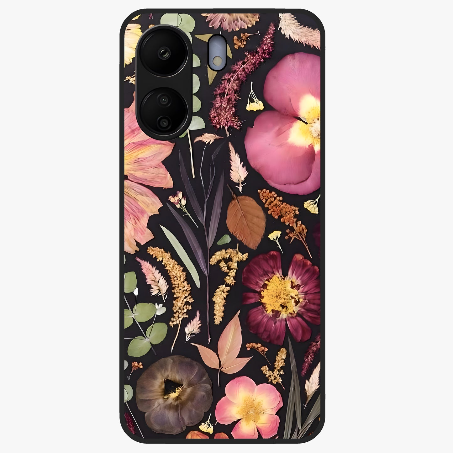 Petal Dream Tapestry Glass Case showing flat back view with intricate floral tapestry artwork and glossy glass finish.