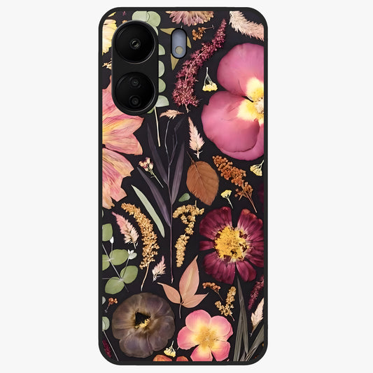 Petal Dream Tapestry Glass Case showing flat back view with intricate floral tapestry artwork and glossy glass finish.