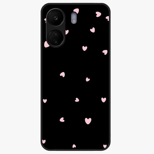 Pink Love Drops Glass Case showing flat back view with playful pink heart drops artwork and glossy glass finish.