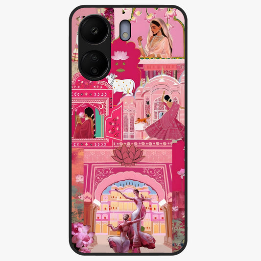 Pink Palace Muse Glass Case showing flat back view with elegant palace inspired artwork and glossy glass finish.