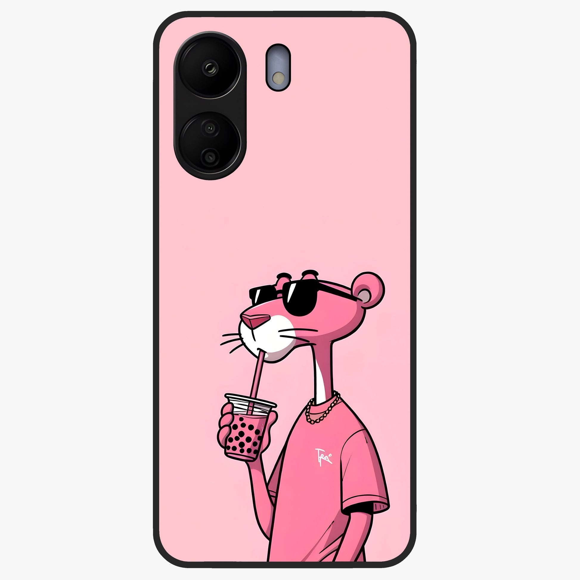Pink Panther Glass Case showing flat back view with iconic pink panther artwork and glossy glass finish.
