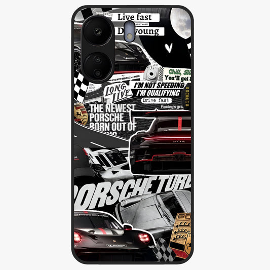 Porsche Racing Collage Glass Case showing flat back view with sports car racing collage artwork and glossy glass finish.