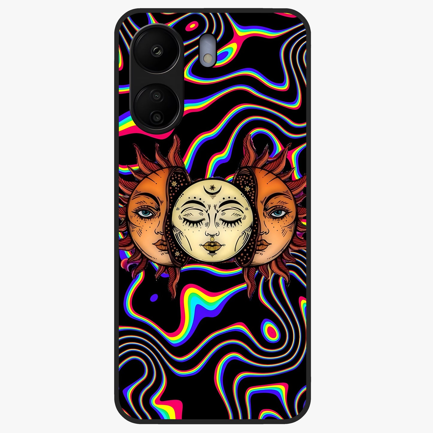 Psychedelic Sun Glass Case showing flat back view with colorful psychedelic sun artwork and glossy glass finish.