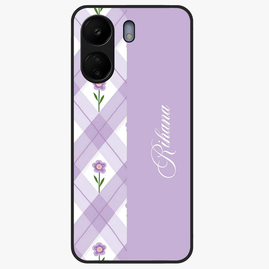 Purple Diamond Floral Glass Case showing flat back view with diamond shaped floral artwork and glossy glass finish.