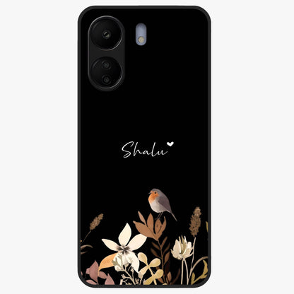 Quiet Garden Tune Custom Name Glass Case showing flat back view with peaceful garden artwork and personalized name design.