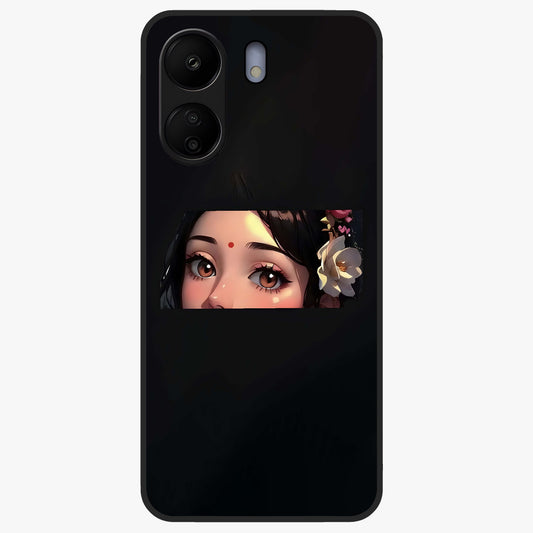 Radha Divine Embrace Glass Case showing flat back view with devotional Radha artwork and glossy glass finish.