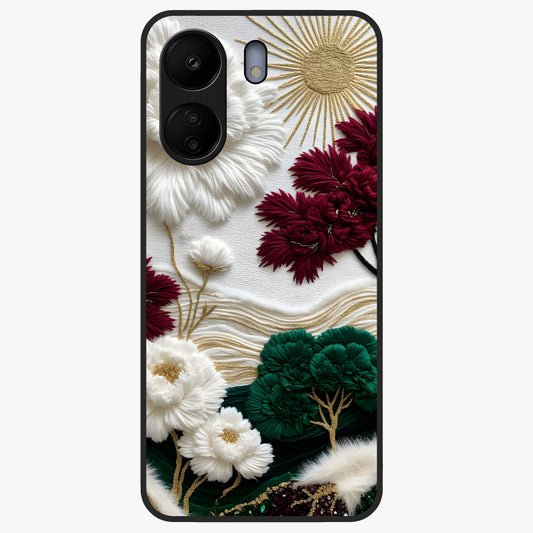 Radiant Bloom Elegance Glass Case showing flat back view with elegant blooming flower artwork and glossy glass finish.