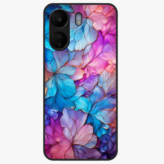 Radiant Floral Whirl Glass Case showing flat back view with swirling floral artwork and glossy glass finish.
