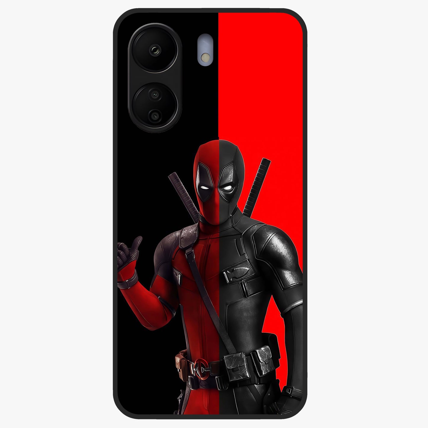 Red & Black Deadpool Theme Glass Case showing flat back view with bold comic inspired artwork and glossy glass finish.