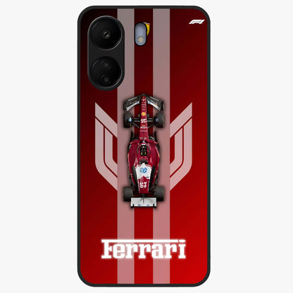 Red Ferrari F1 Vertical Glass Case showing flat back view with sleek Formula racing car artwork and glossy glass finish.